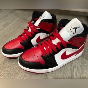 Air Jordan 1 Mid Women’s; Black/White/Gym Red; never worn w/ original box